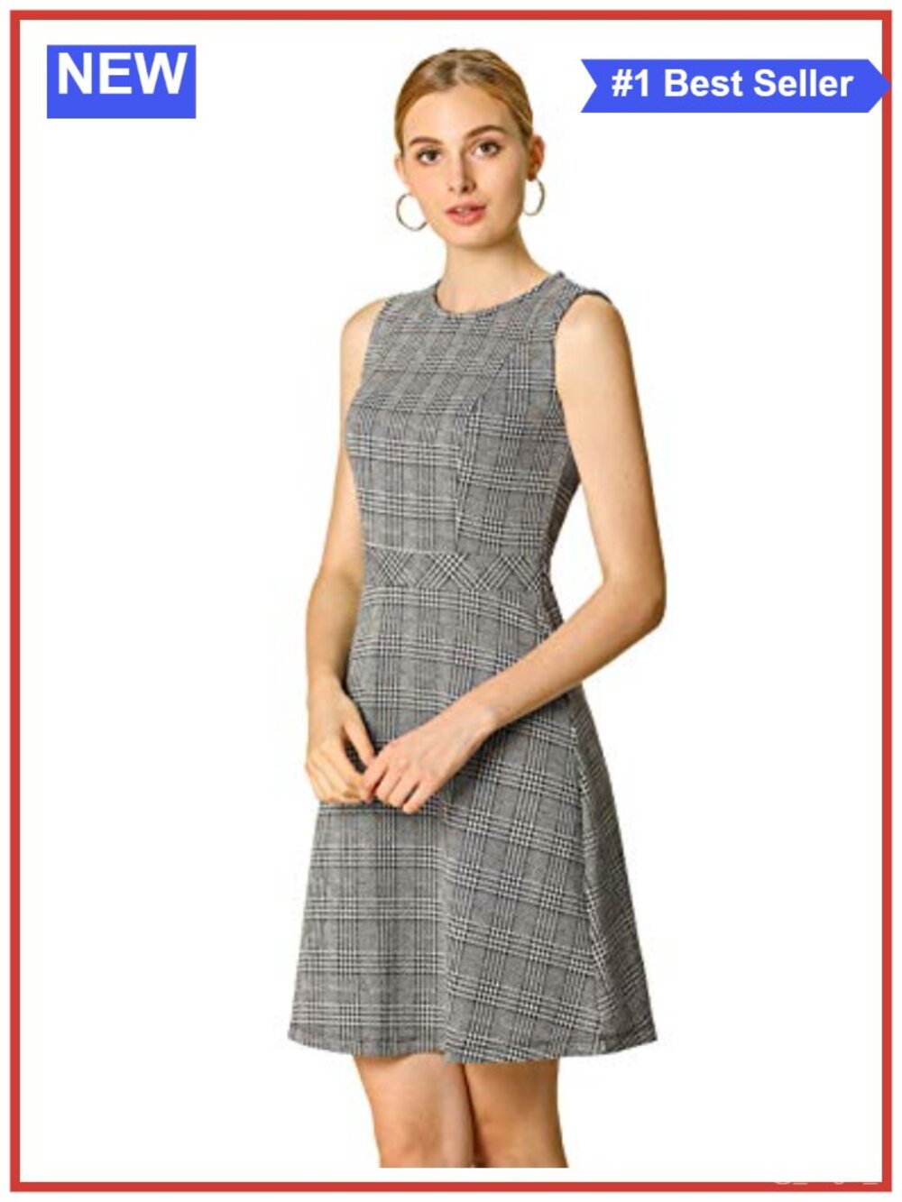 Sleeveless A-Line Houndstooth Plaid Work Dress Business Casual